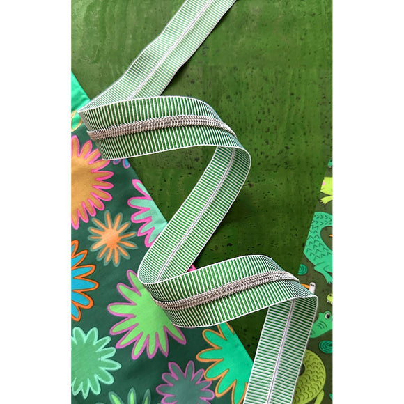 Sassafras Lane #5 Zipper, Green Stripe, Nickel