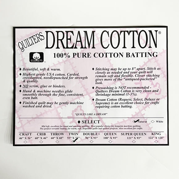 Quilters Dream Cotton Batting, Select Twin, Natural