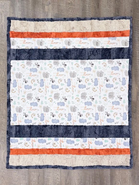 Sweet Strips Cuddle Blanket w/Mighty Jungle, Navy Chambray Backing