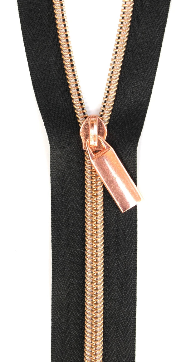 Sallie Tomato #5 Zippers by The Yard, Black/Rose Gold