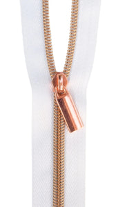 Sallie Tomato #5 Zippers by The Yard, White/Rose Gold