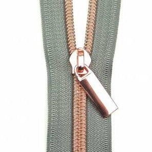 Sallie Tomato #5 Zippers by The Yard, Grey/Rose Gold